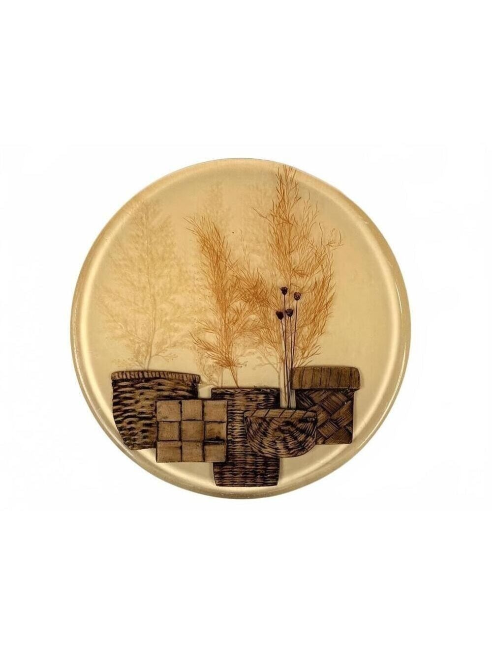 Vintage Lucite Resin Trivet Real Dried Botanicals Wicker Basket Embedded Decor